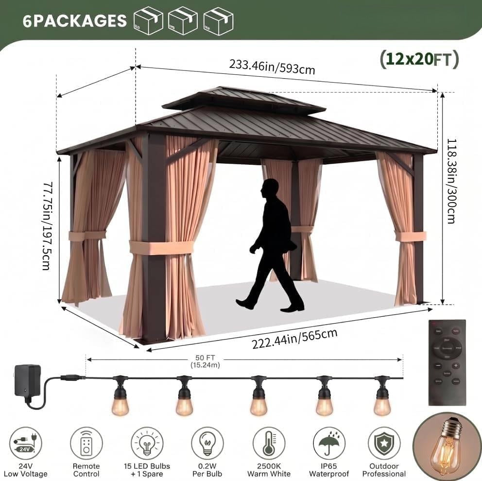 12'x20' Hardtop Gazebo with LED & Curtains