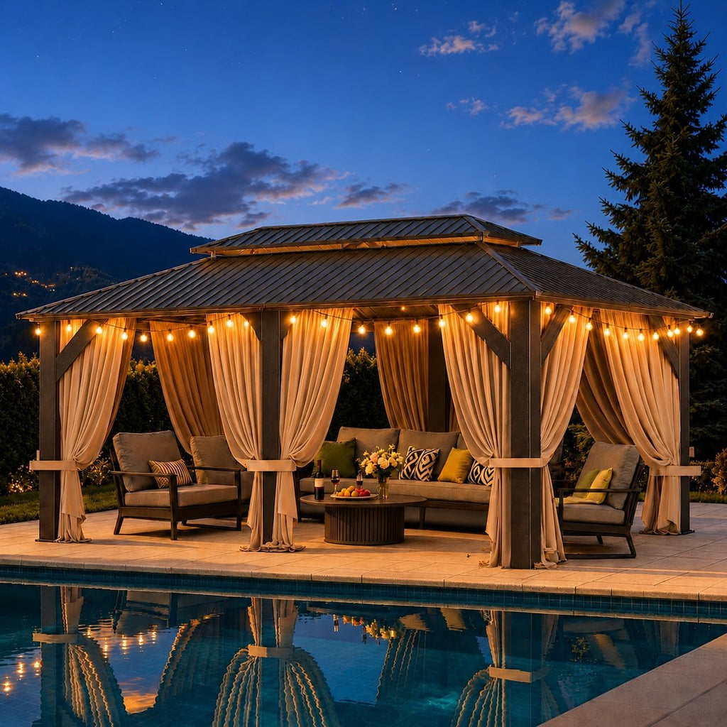 12'x20' Hardtop Gazebo with LED & Curtains